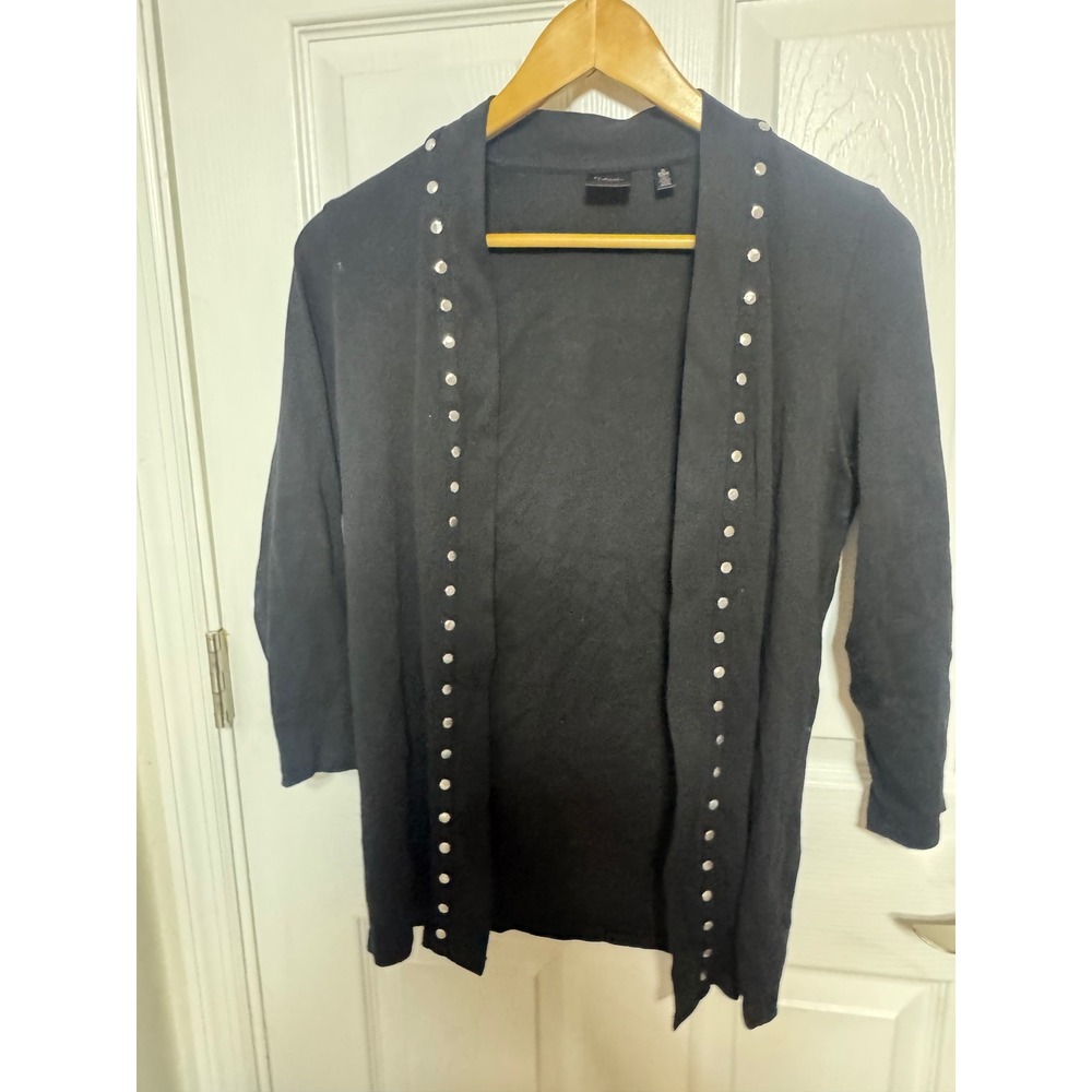 Rafaella Studio Black Studded Open Front Cardigan Cotton 3/4 Sleeve Mock Neck S